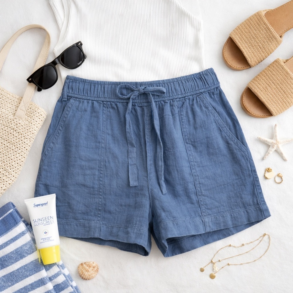 LOFT Outlet Blue Linen Blend Drawstring Shorts | Casual Summer | Size S - Picture 2 of 6